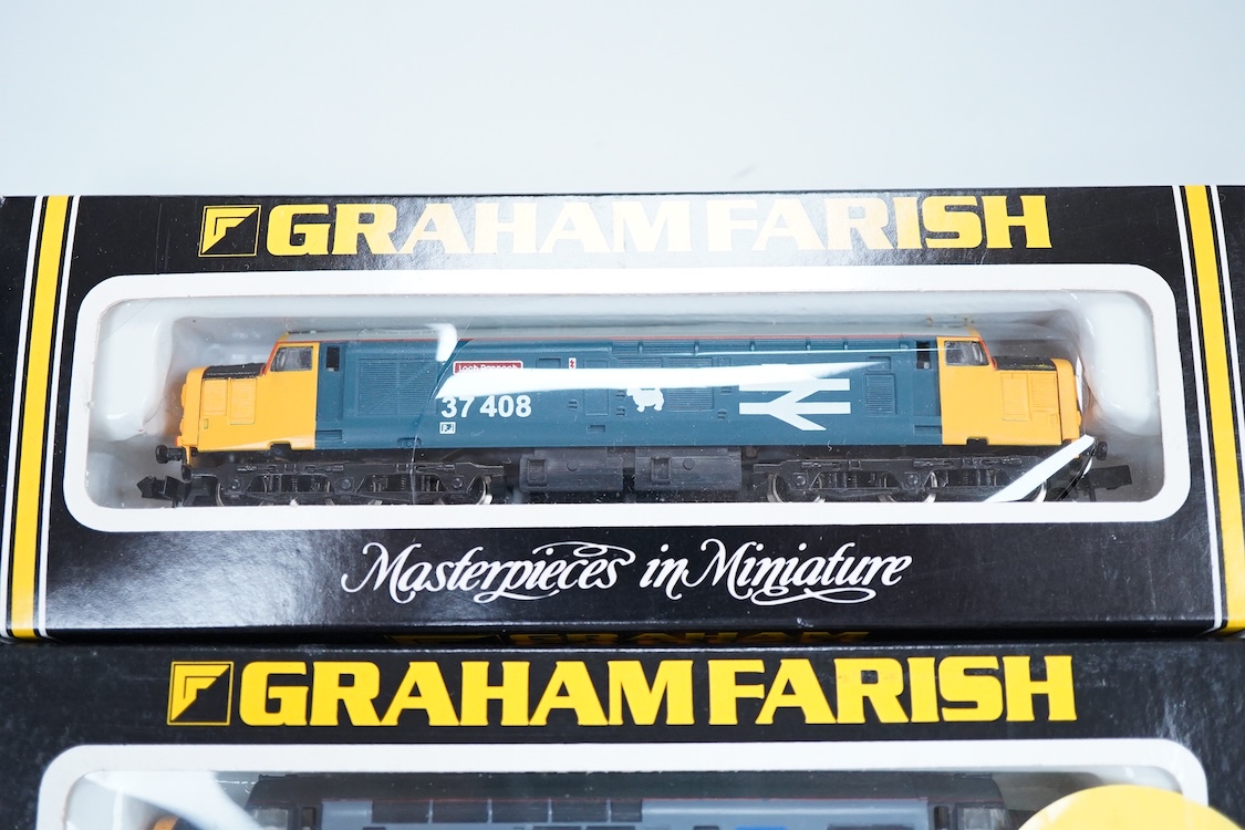 Four boxed Graham Farish N gauge railway Class 37 diesel locomotives; a BR, 37 408 (8035), a BR Coal Sector, 37696 (8036), a BR Petroleum Sector, 37 887 (8037) and a BR Railfreight Metals, 37 906 (8038).